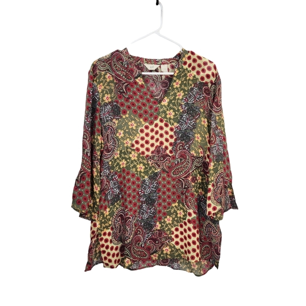 J. Jill Women's Paisley Patchwork Split Neck Top - M